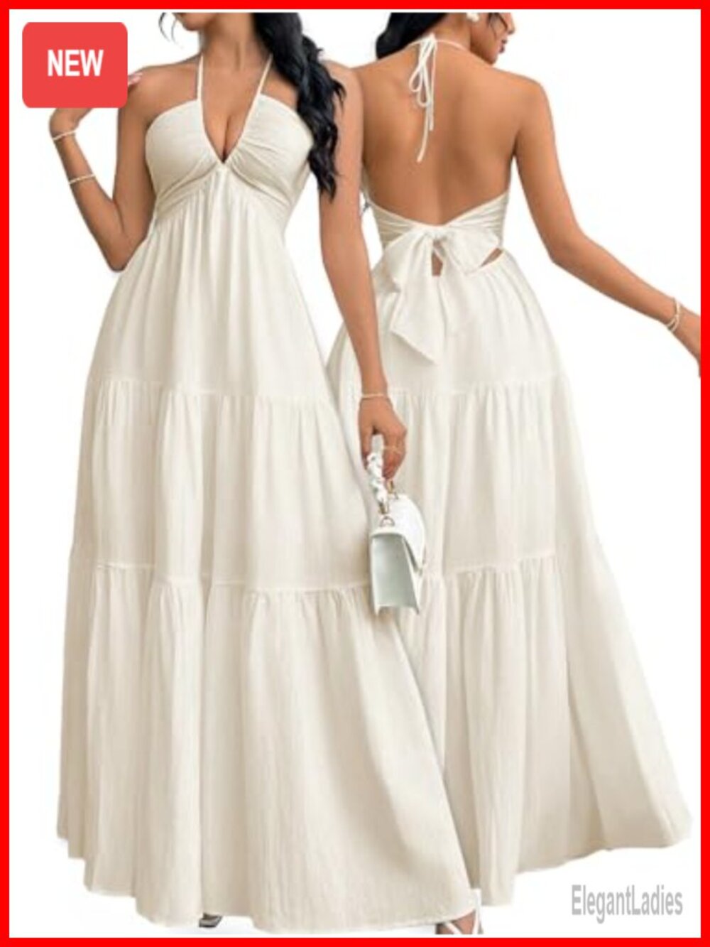 Women's Maxi Summer Dress Halter V Neck A-Line Beach Vacation Casual